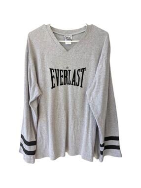 Vintage Everlast Shirt Mens L Gray V-Neck Long Sleeve Flock Graphic Tee 26x27.5